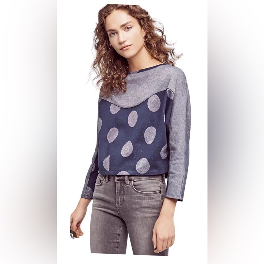 Anthropologie Postmark Blue Metallic Silver Polka Dot Cropped Dolman Sleeve Sz S